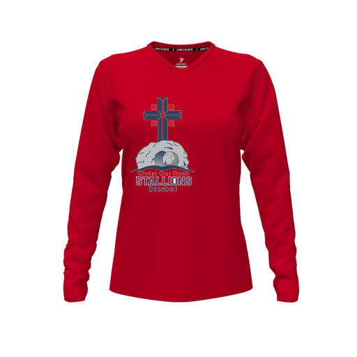 [CUS-DFW-TEES-CMF-VNK-LSL-RED-FYXS-LOGO2] Comfort T-Shirt (Female Youth XS, Red, V Neck, Logo 2, Long Sleeve)