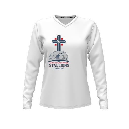 [FTLVPTWH-FYXS-LOGO2] Decker Performance T-Shirt (Female Youth XS, White, V Neck, Logo 2, Long Sleeve)