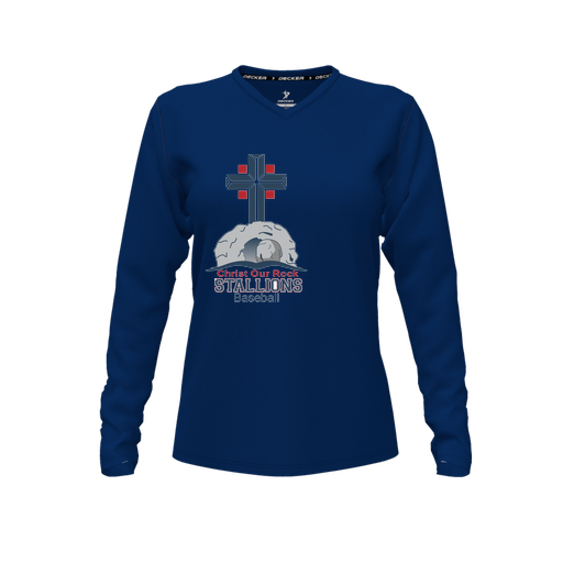 [CUS-DFW-TEES-PER-VNK-LSL-NVY-FYXS-LOGO2] Performance T-Shirt (Female Youth XS, Navy, V Neck, Logo 2, Long Sleeve)