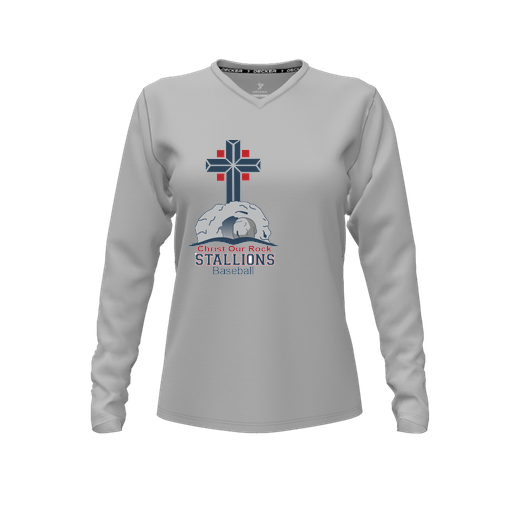 [CUS-DFW-TEES-PER-VNK-LSL-GRY-FYXS-LOGO2] Performance T-Shirt (Female Youth XS, Gray, V Neck, Logo 2, Long Sleeve)