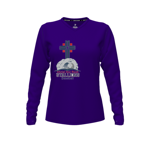[CUS-DFW-TEES-PER-VNK-LSL-PUR-FYXS-LOGO2] Performance T-Shirt (Female Youth XS, Purple, V Neck, Logo 2, Long Sleeve)